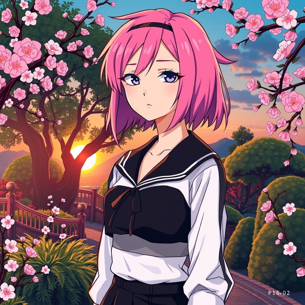 Surreal Anime Goddess in Futuristic Japanese Garden