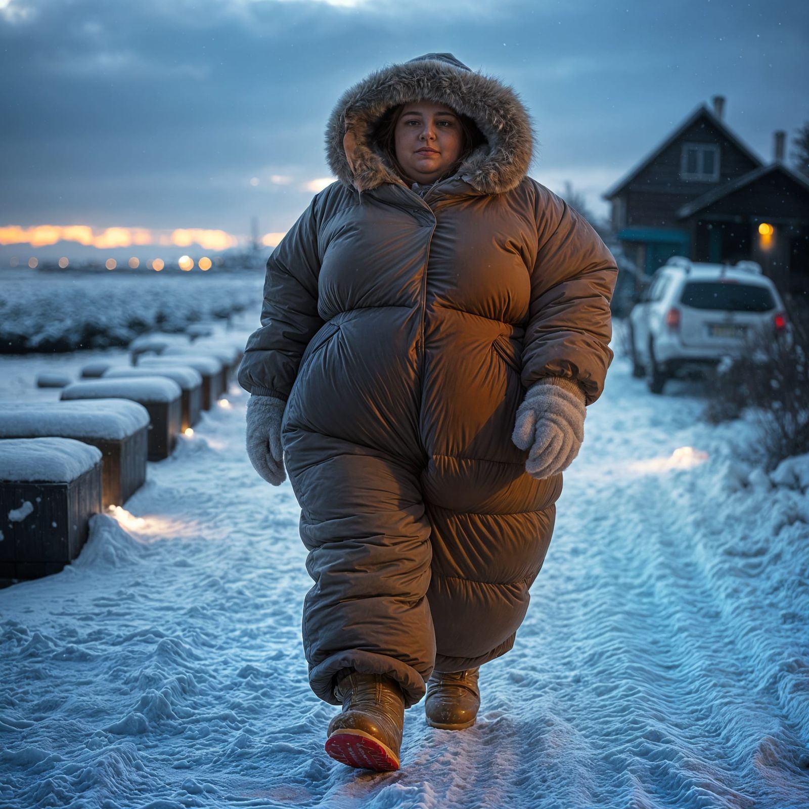 Woman in Oversized Snowsuit Walking in Storm