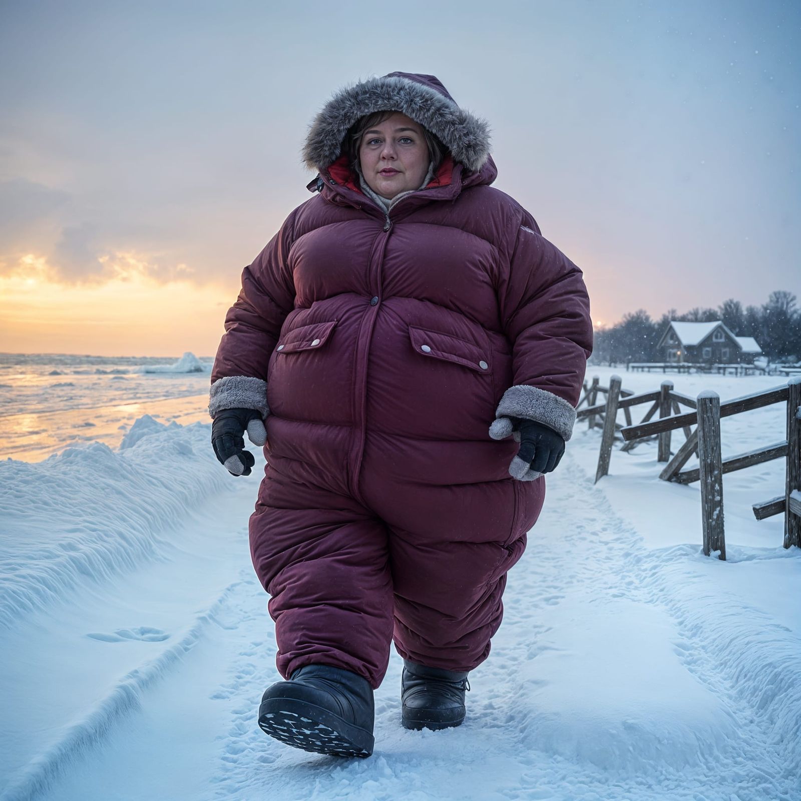 Woman in Oversized Snowsuit Walking in Storm