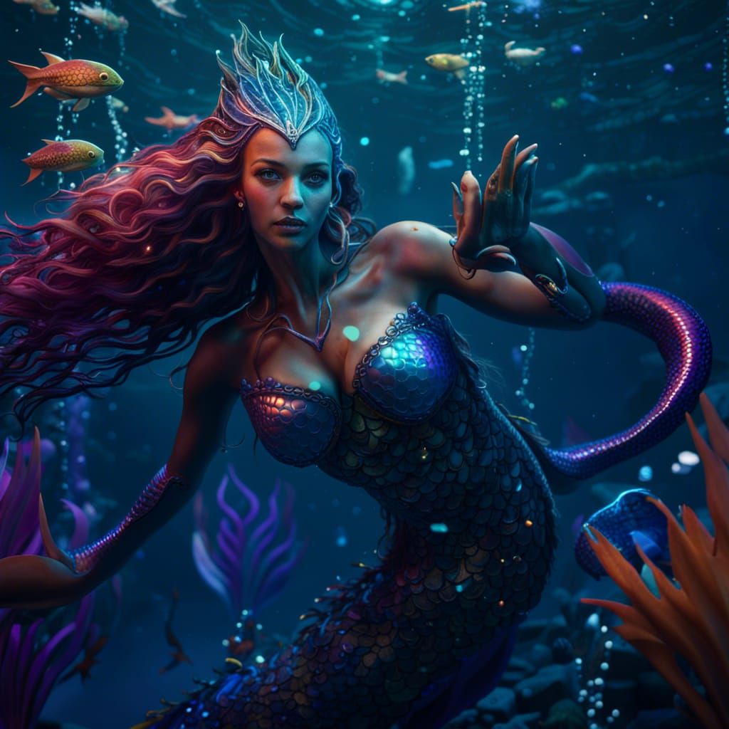 mystical mermaids, swimming,  hyper reflective