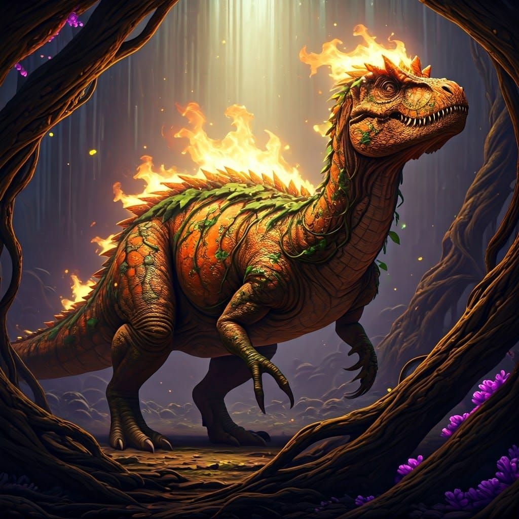 Pumpkin Dinosaur in Dreamlike Landscape, Matte Painting
