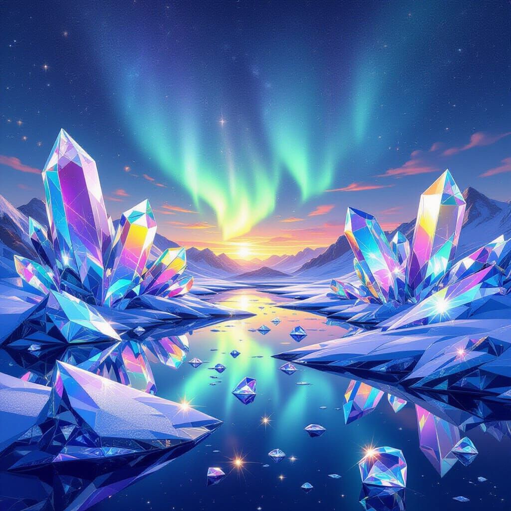 Diamond Crystal Landscape with Cosmic Aurora