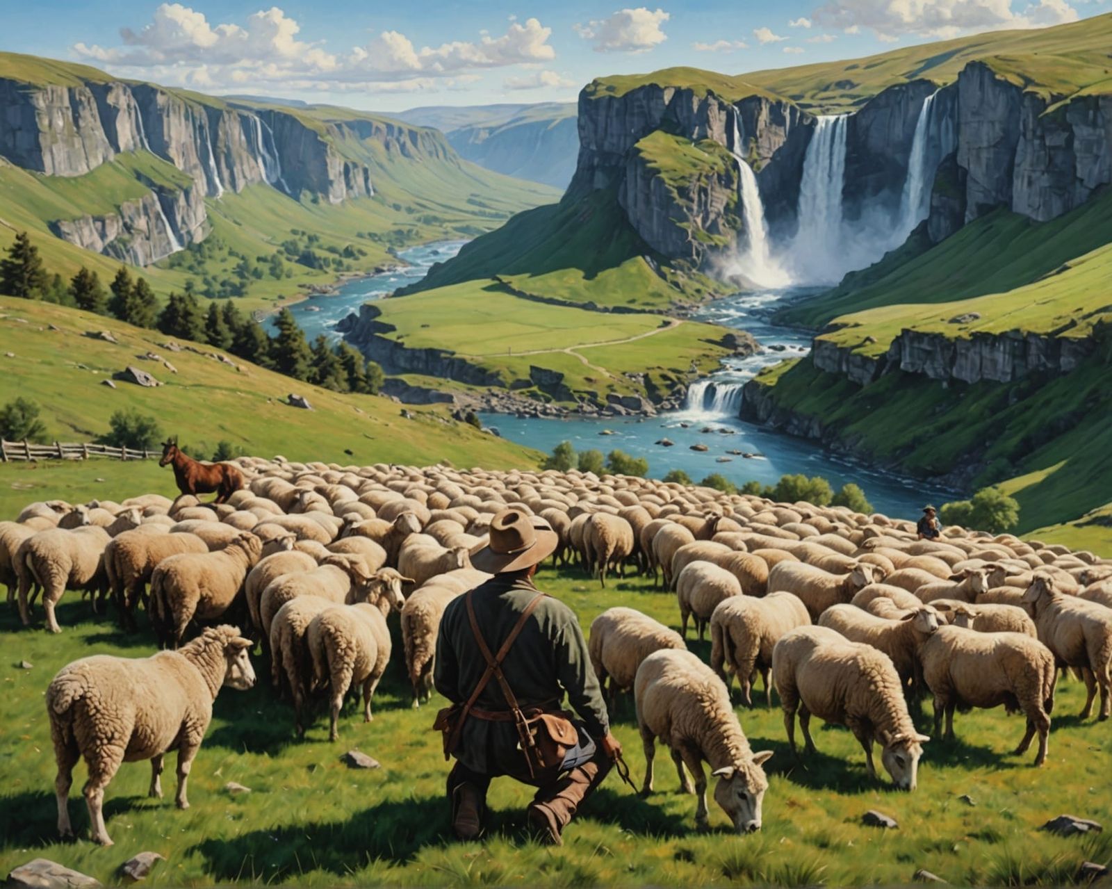 Shepherd in Prayer Amidst a Colorful Landscape