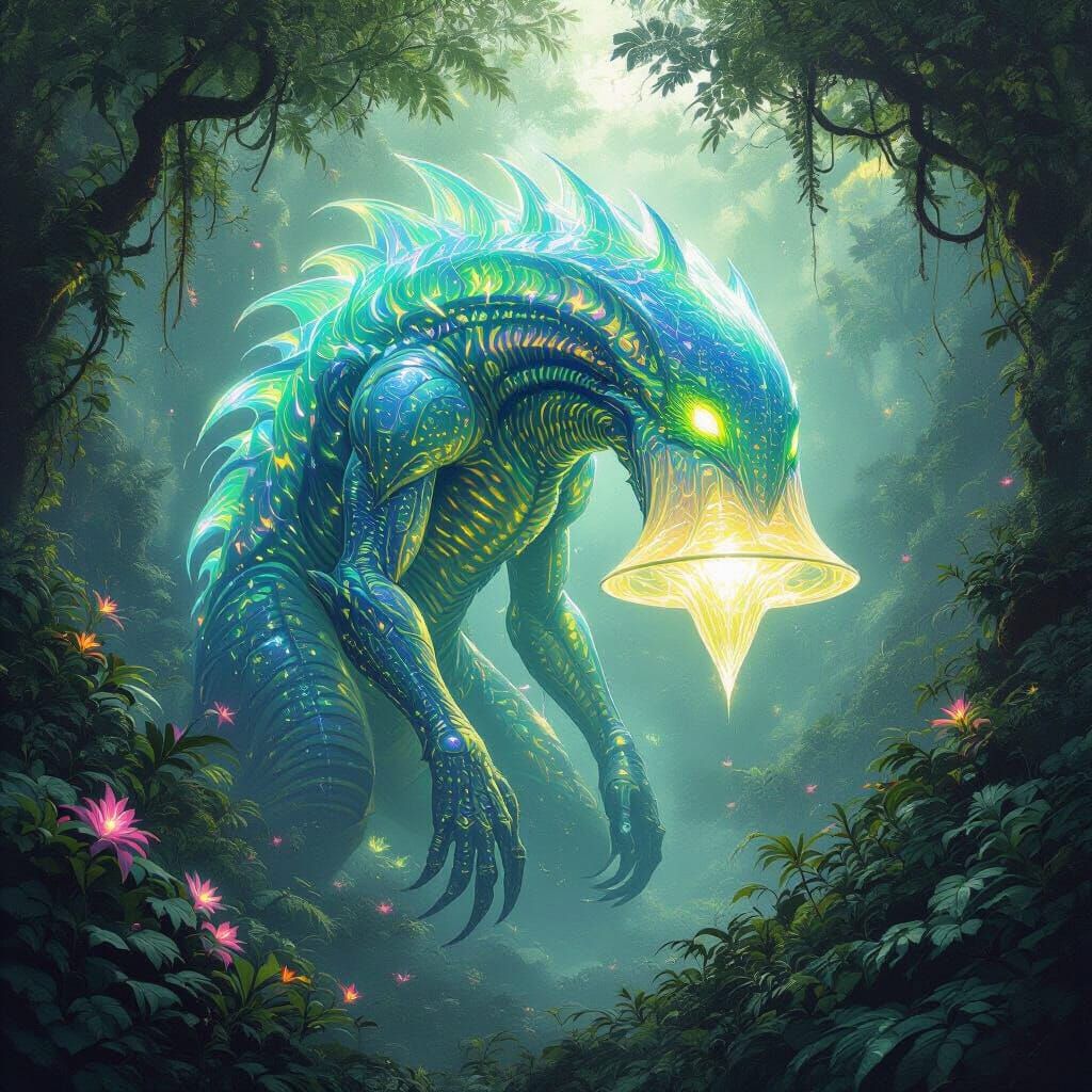 Bioluminescent Alien Monster in Jungle, Art Nouveau