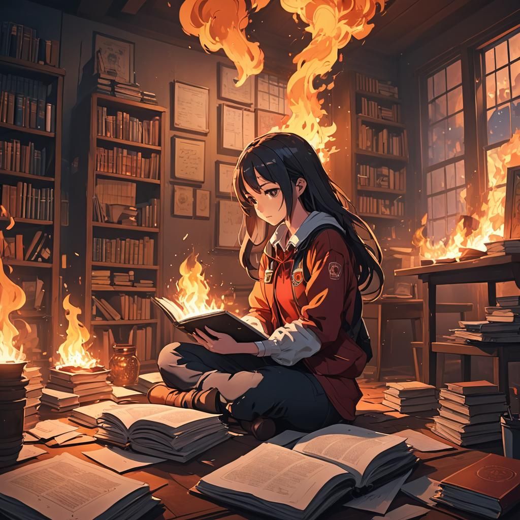 Anime Girl Studies in Fiery Room