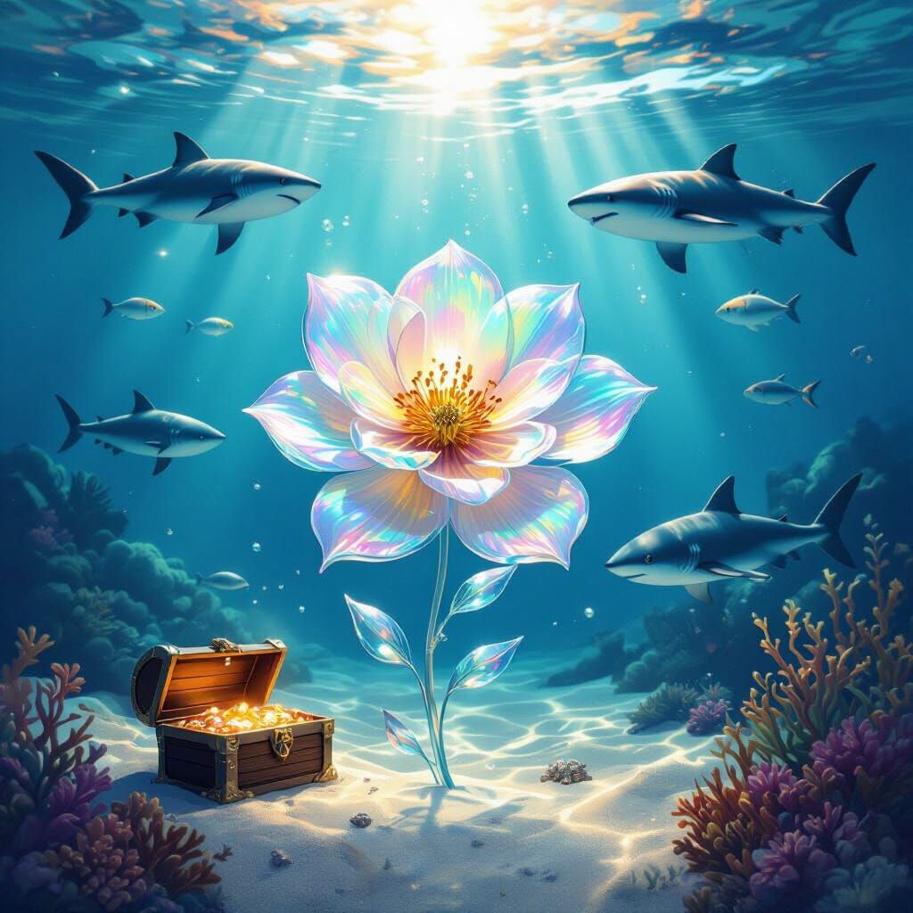 Glass Flower Underwater with Sharks: Dreamy Illustration