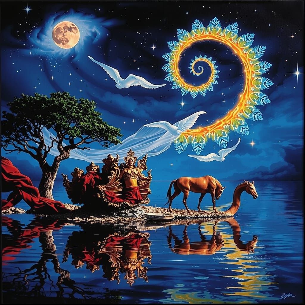 Divine Femininity: Celestial Vision in Teal, Red, and Gold