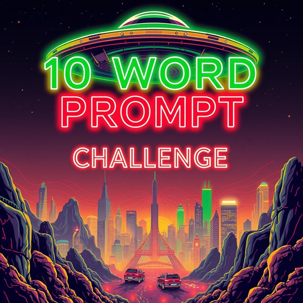 Psychedelic Neon Cityscape with Floating Text