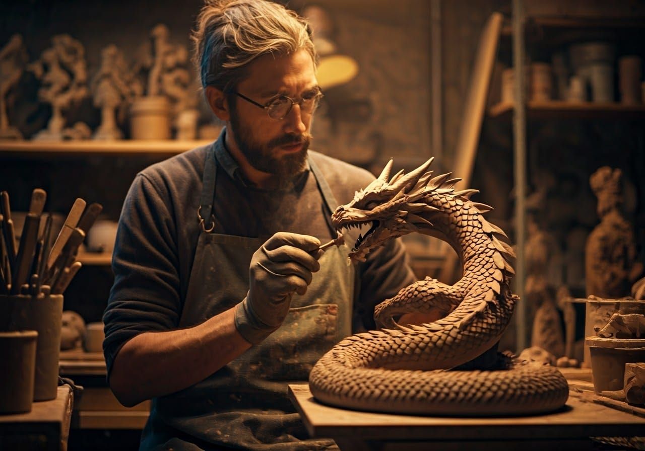 Master Clay Sculptor Crafts Hyperdetailed Dragon in Industri...