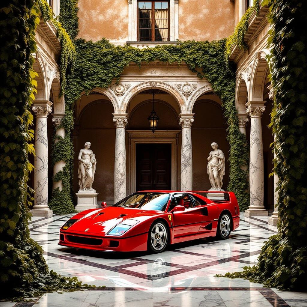 Ferrari F40 in Renaissance Courtyard, Dramatic Light