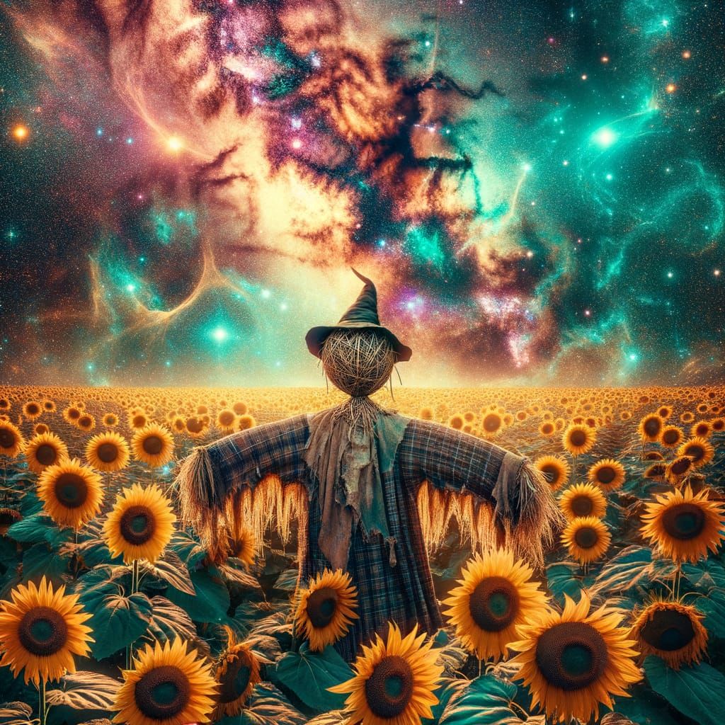Alien Scarecrow in Sunflower Field Under Nebula Sky