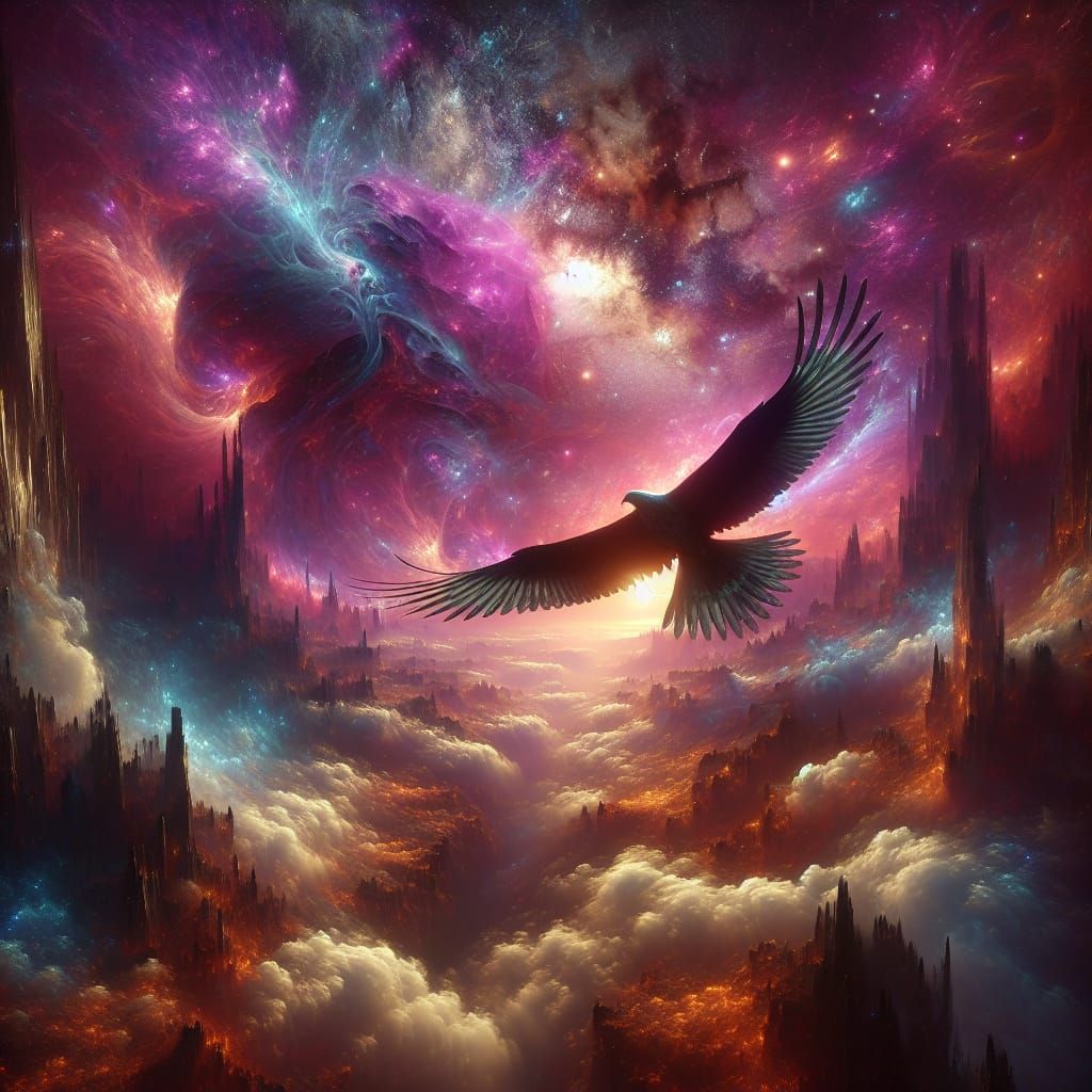 Giant Bird Soaring Through a Galaxy: Matte Painting