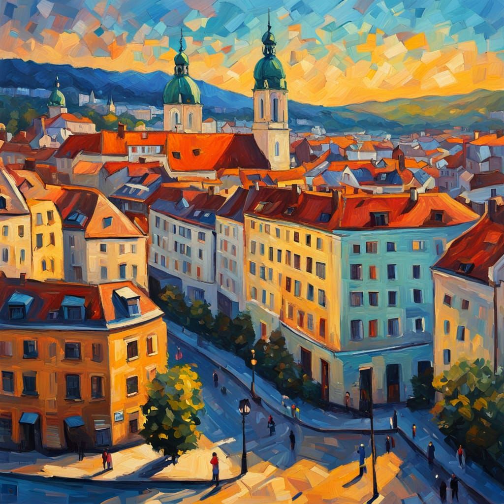 Bratislava Cityscape in Neo-Impressionist Oil Painting Style