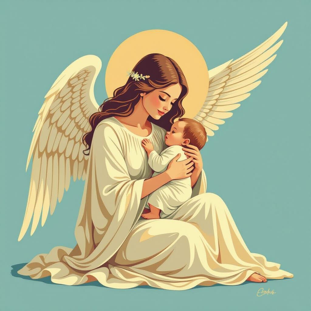 Angel Cradling Baby in Retro Risograph Style