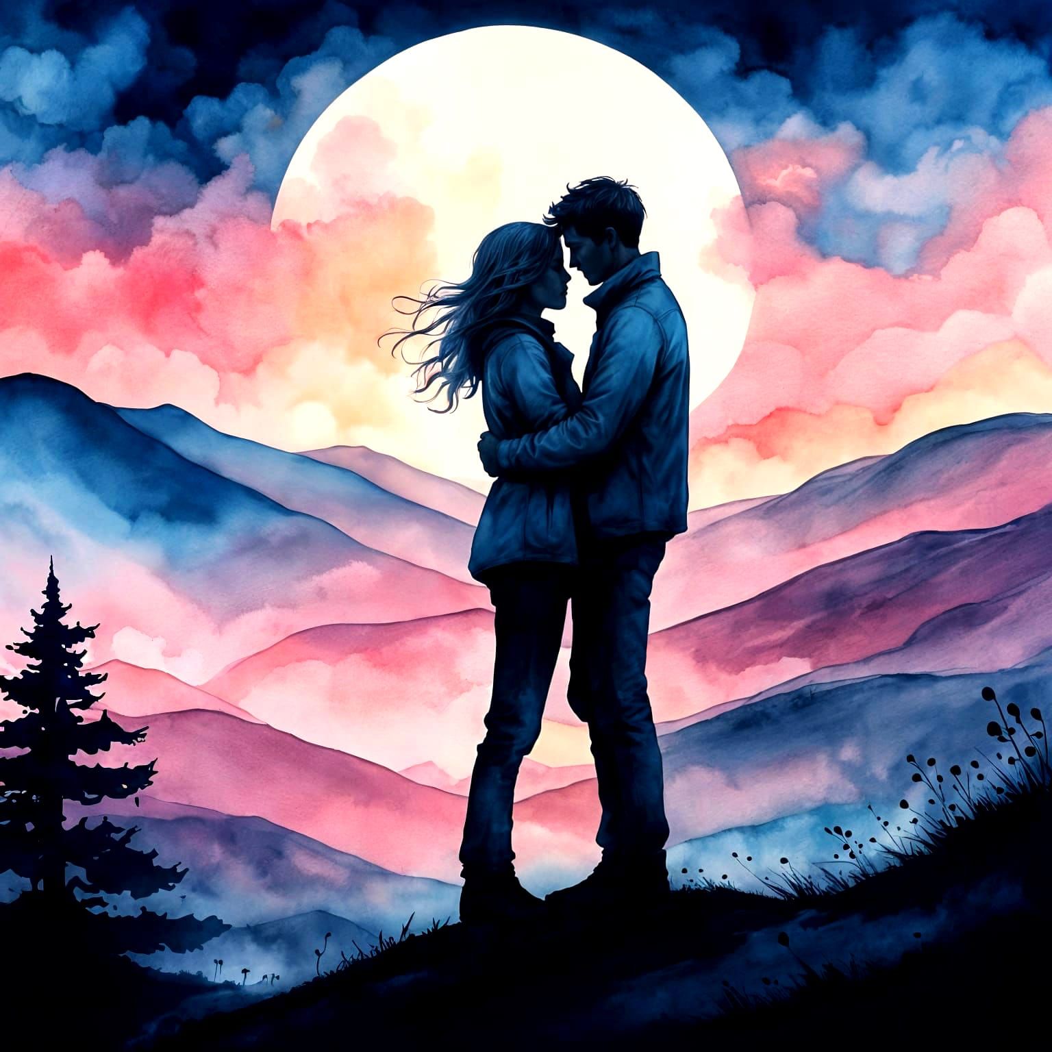 Couple Embrace at Sunset: Ink and Watercolor Drawing