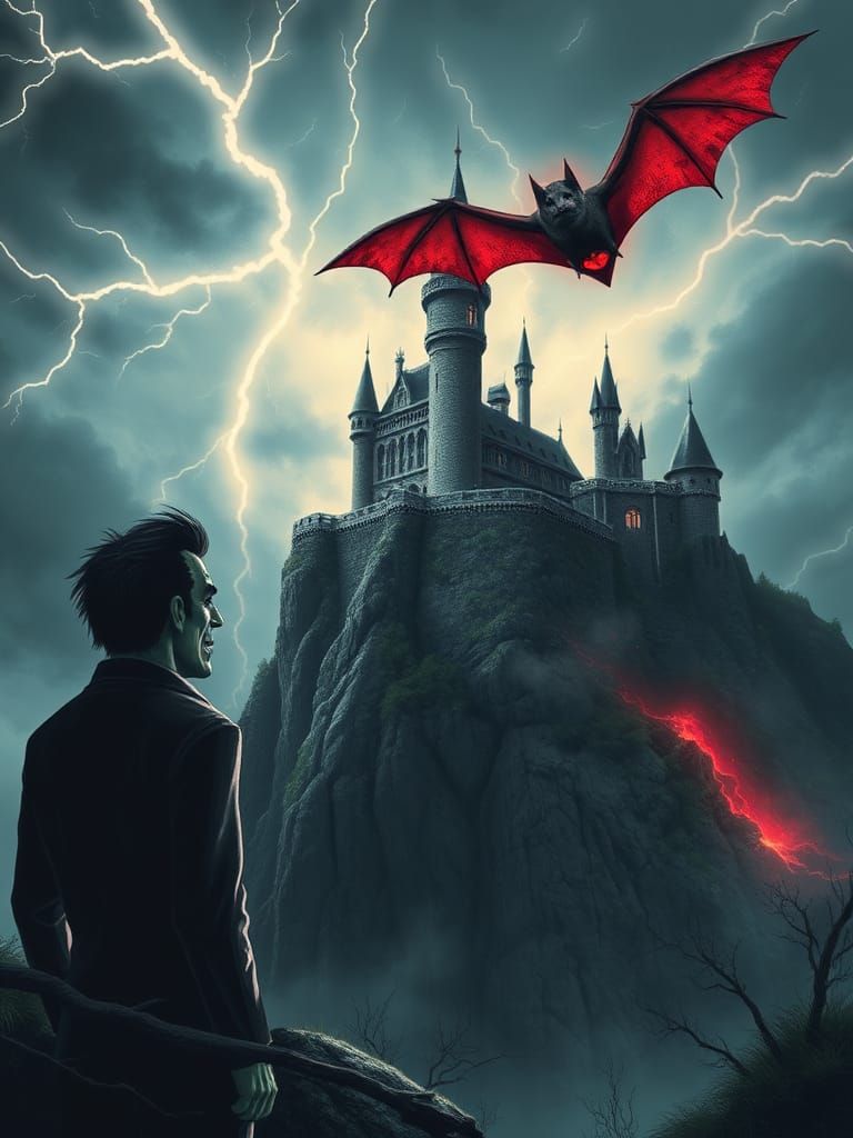 Frankenstein and Dracula's Castle Under Lightning