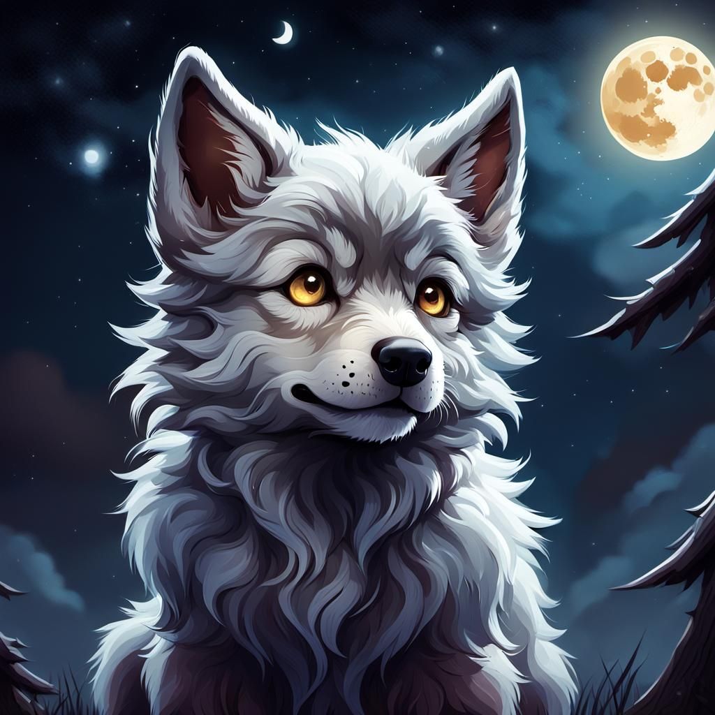 Adorable Werewolf Puppy Under Moonlight: Fantasy Illustratio...