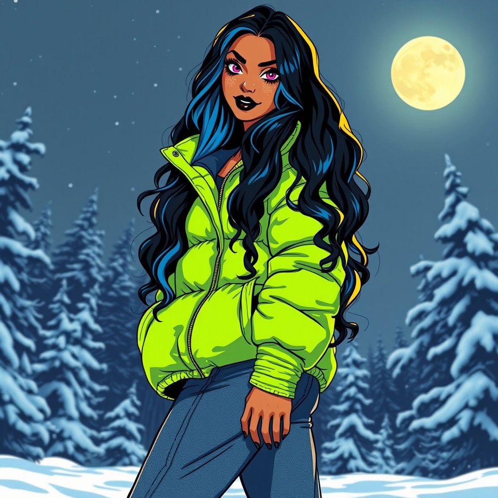 Confident Woman in Winter Scene, 80s Anime Style