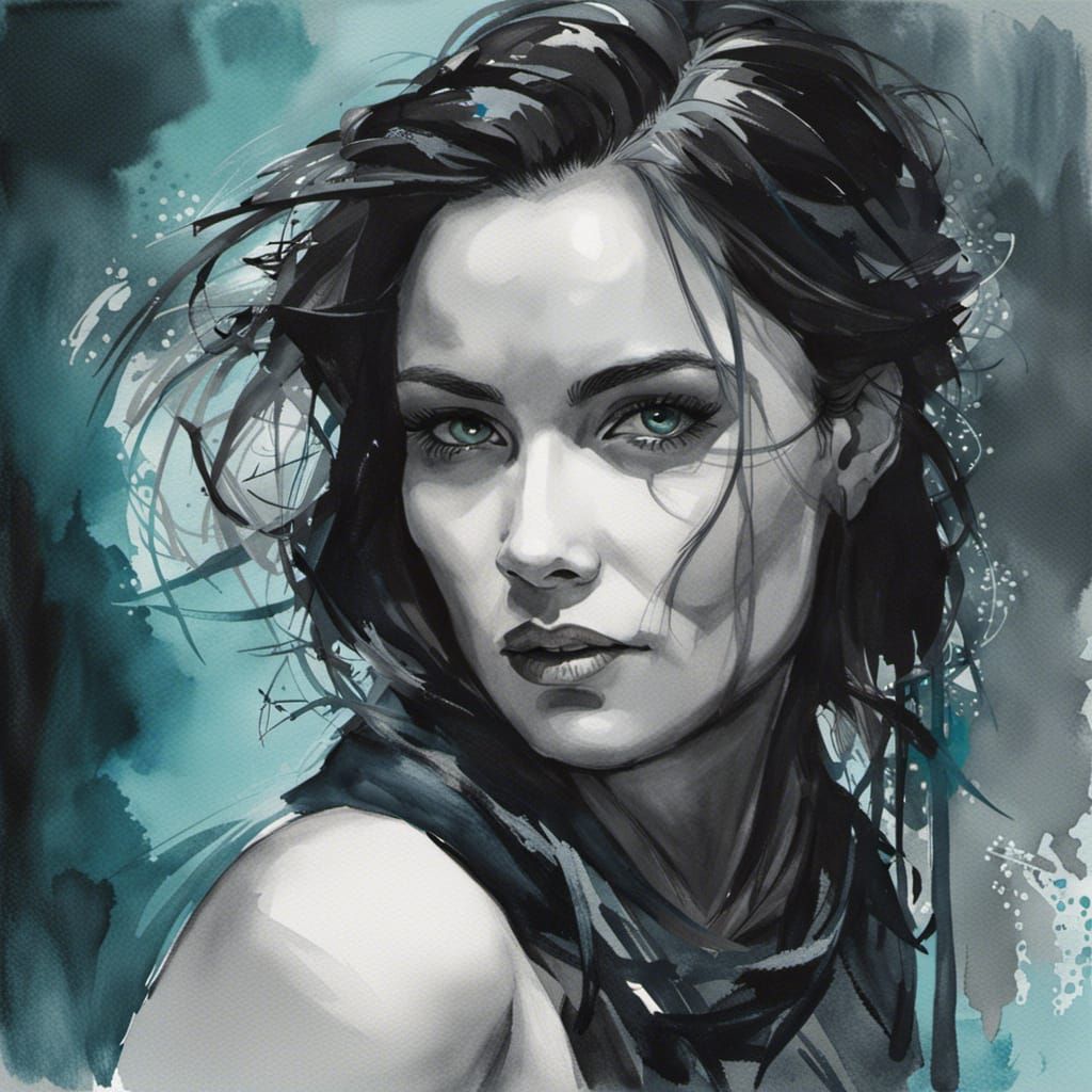 Monochromatic Watercolor of Woman in Midnight Aqua
