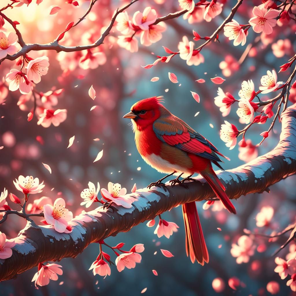 Tan and Red Bird in Blossom Tree