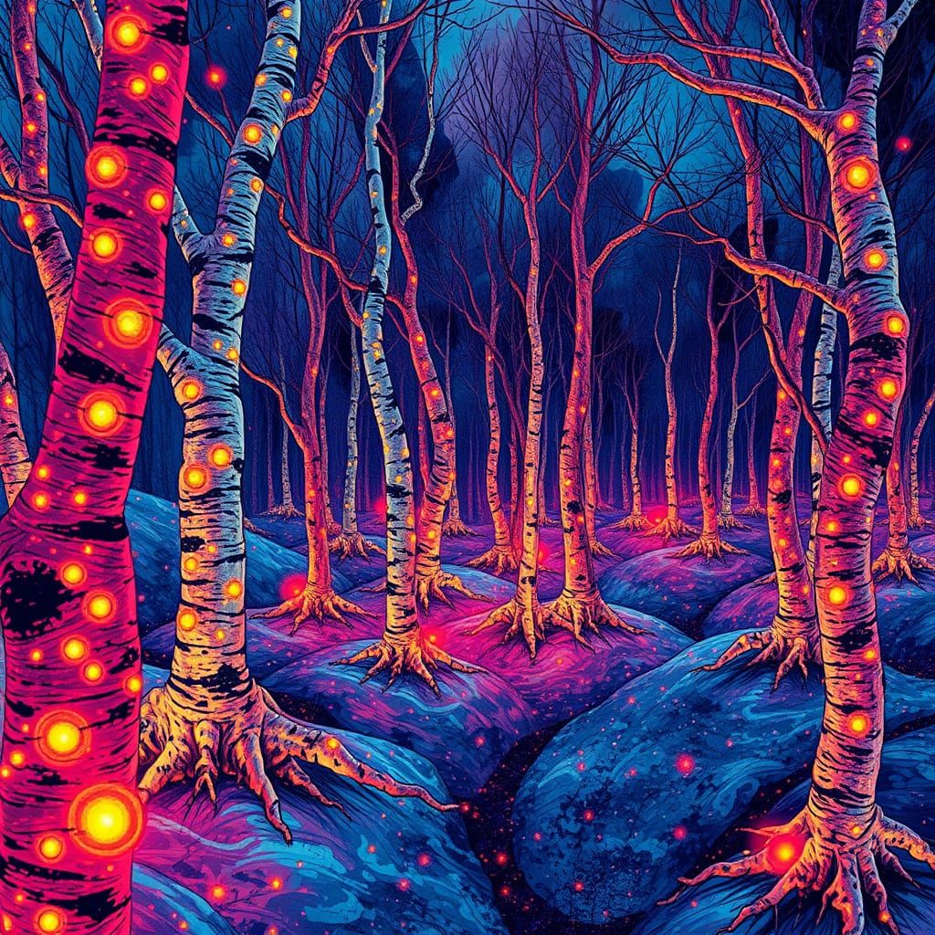 Surreal February Map of Birches in Kinetic Pointillism