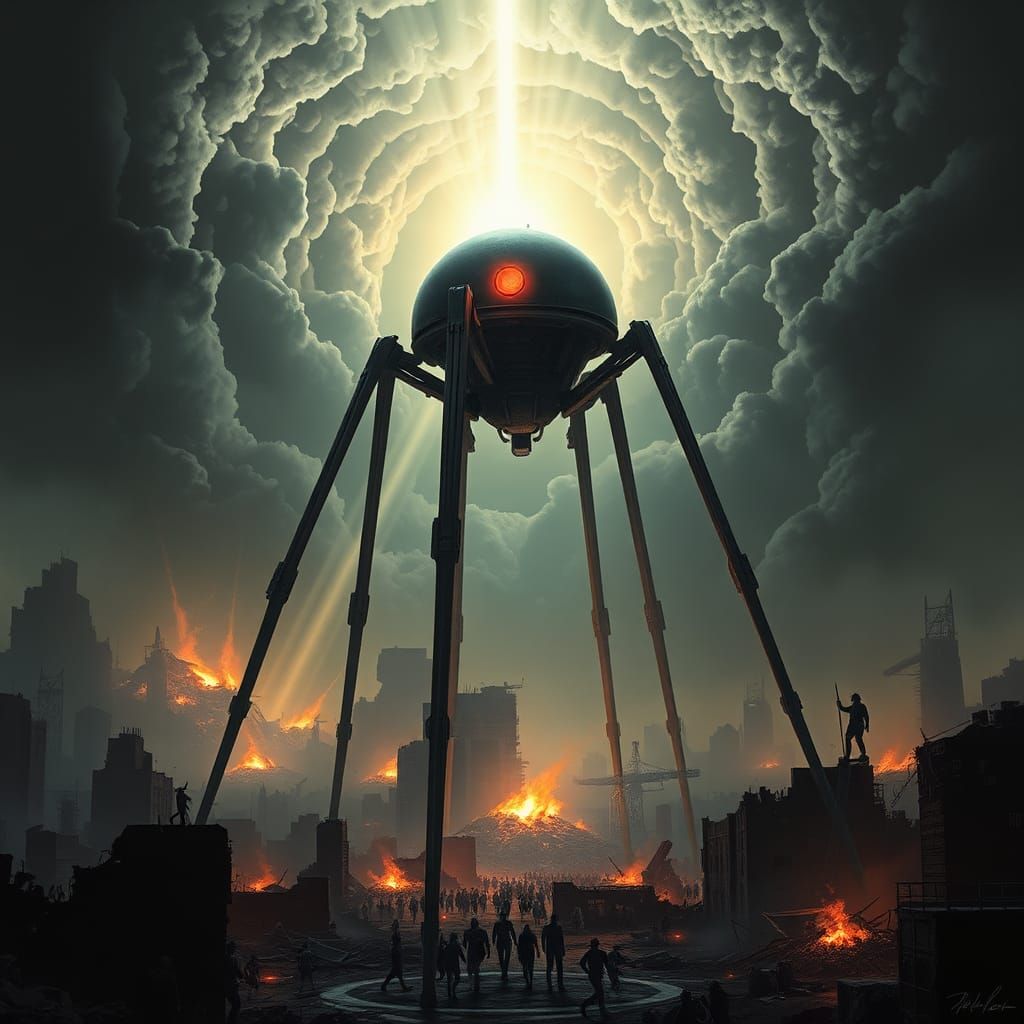 Martian Tripod Towers Over Ruined Cityscape