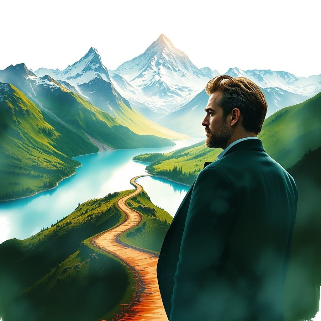 Mountain Landscape Silhouette Portrait in Watercolor Style