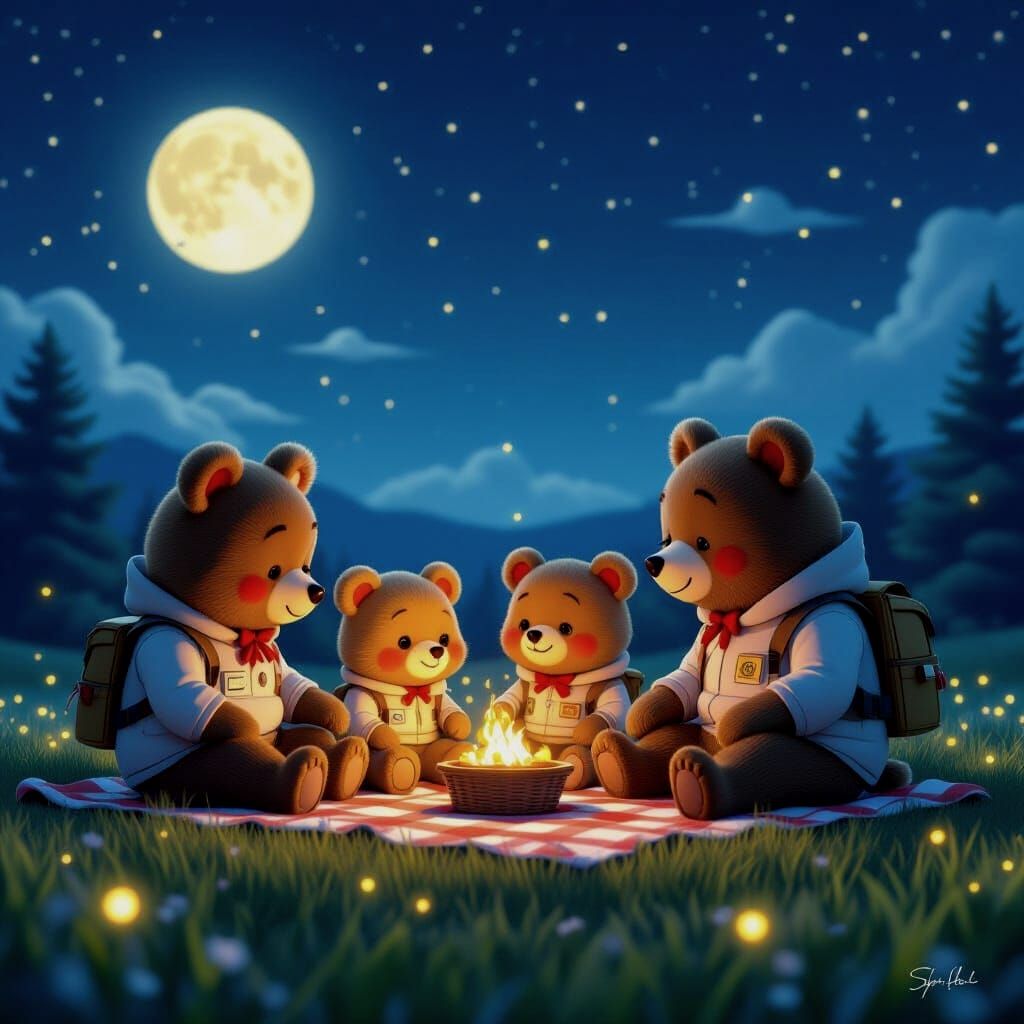 Retro Sci-Fi Bears' Moonlit Picnic: Pixar Style