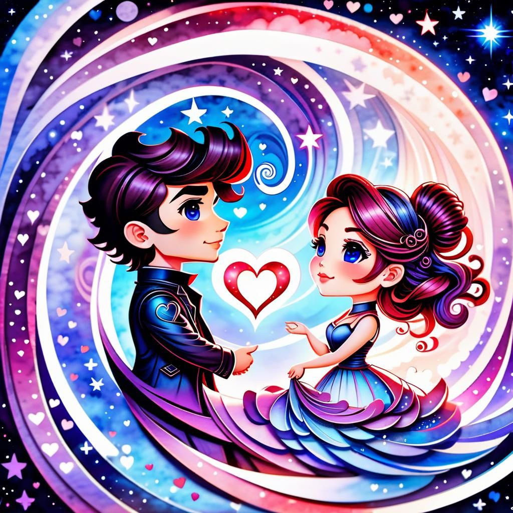 Chibi Couple in Love: Digital Watercolor Galaxy