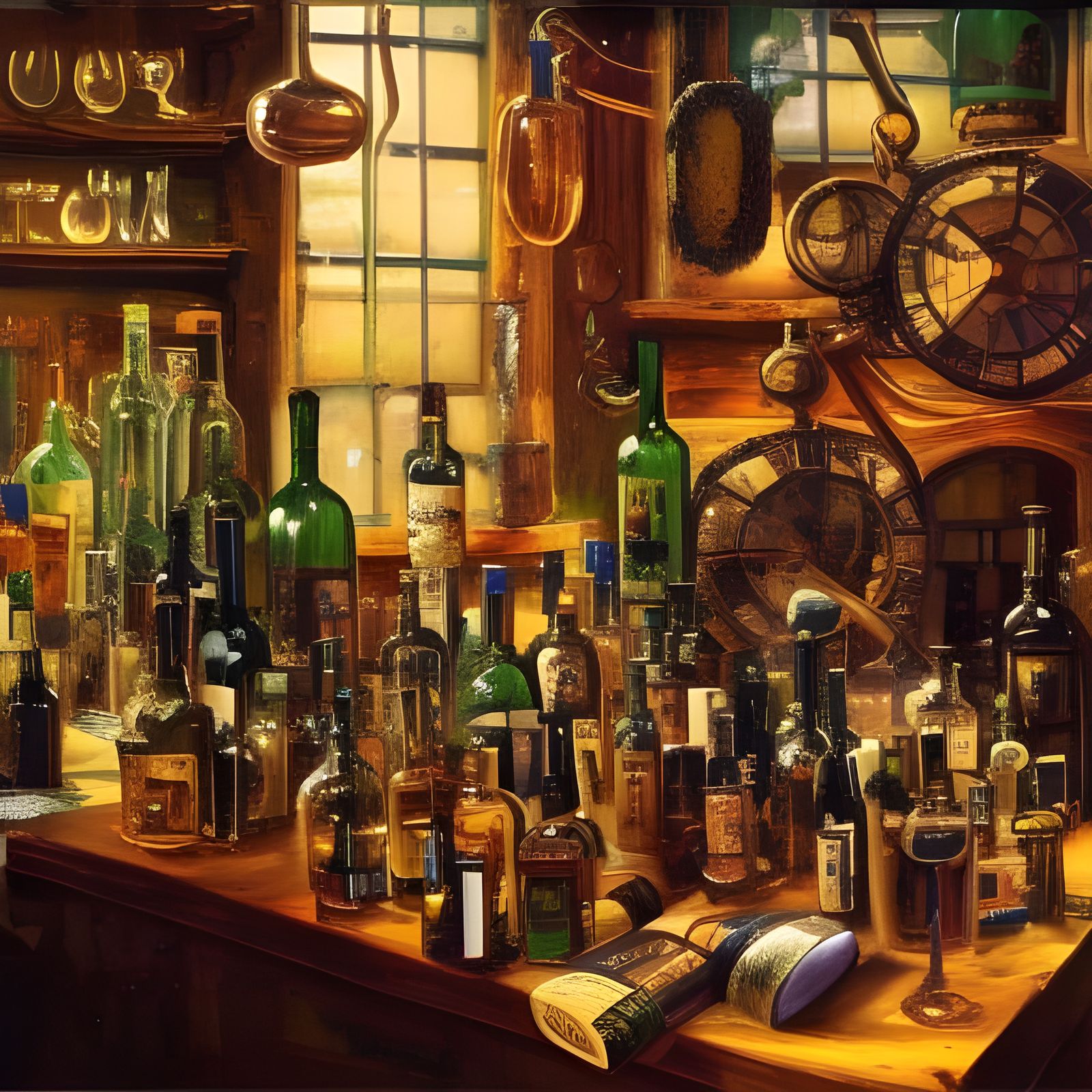 Steampunk Alchemist's Lab with Wine Bottles in Expressionist...