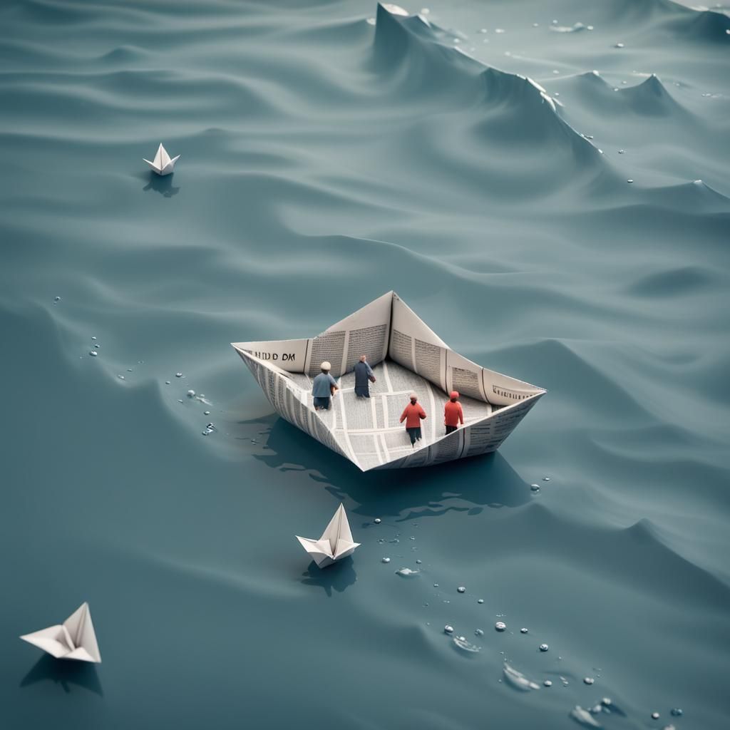 Origami Newspaper Boat on the Ocean