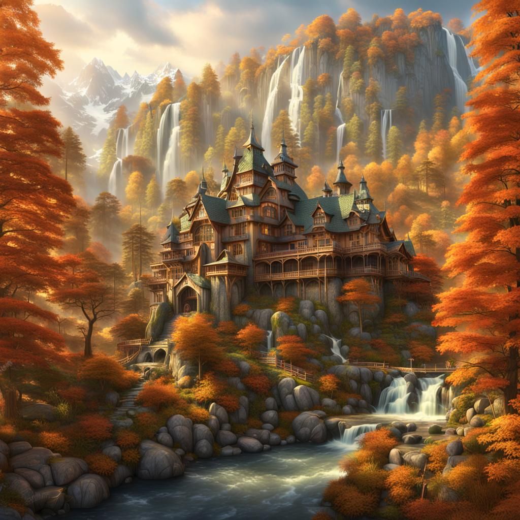 Rivendell in Autumn: Elven Art Nouveau Landscape