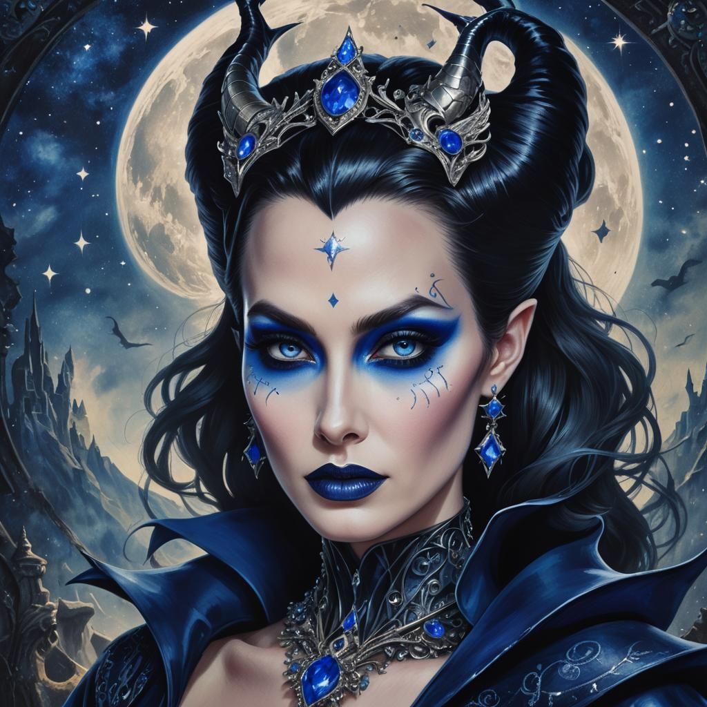 Enigmatic Sapphire Witch with Celestial Tattoo