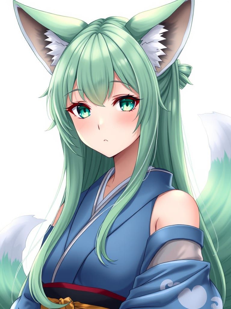 Green-Haired Fox Maiden in Anime Style