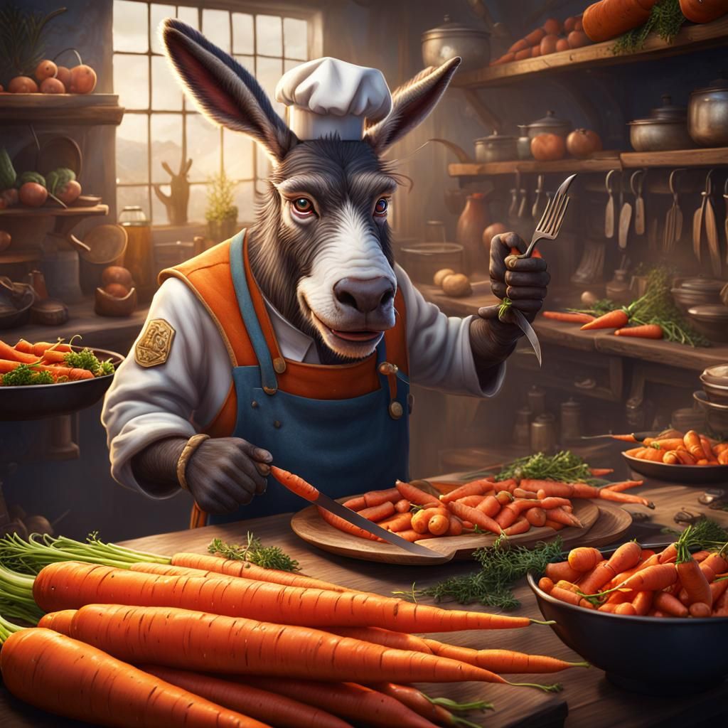 Chef Donkey with Knives and Carrots: Detailed Matte Painting
