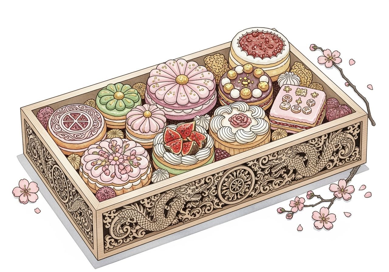 Ornate Wooden Box Filled with Asian-Inspired Cakes