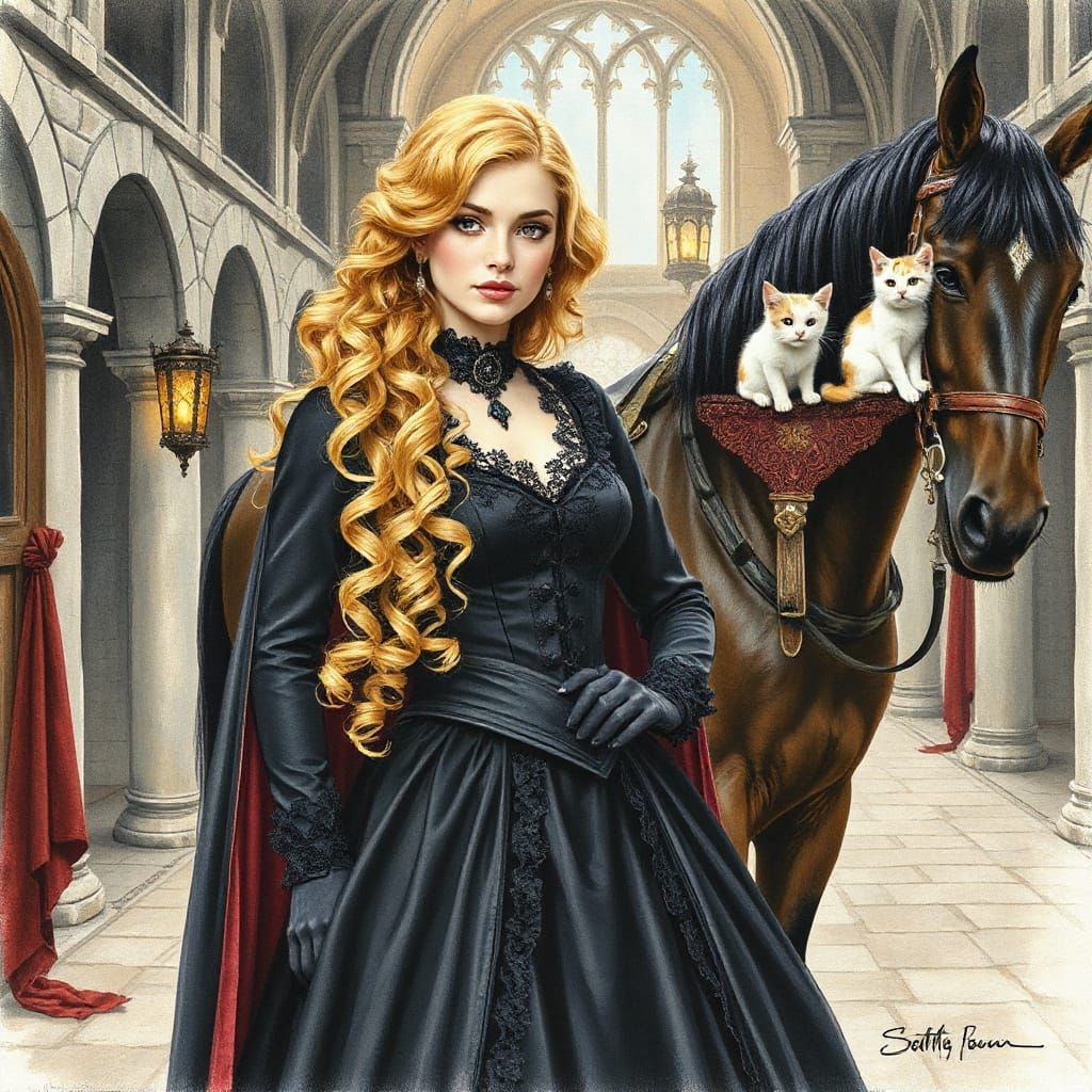 Gothic Noblewoman with Cats in Watercolor Pencil Style