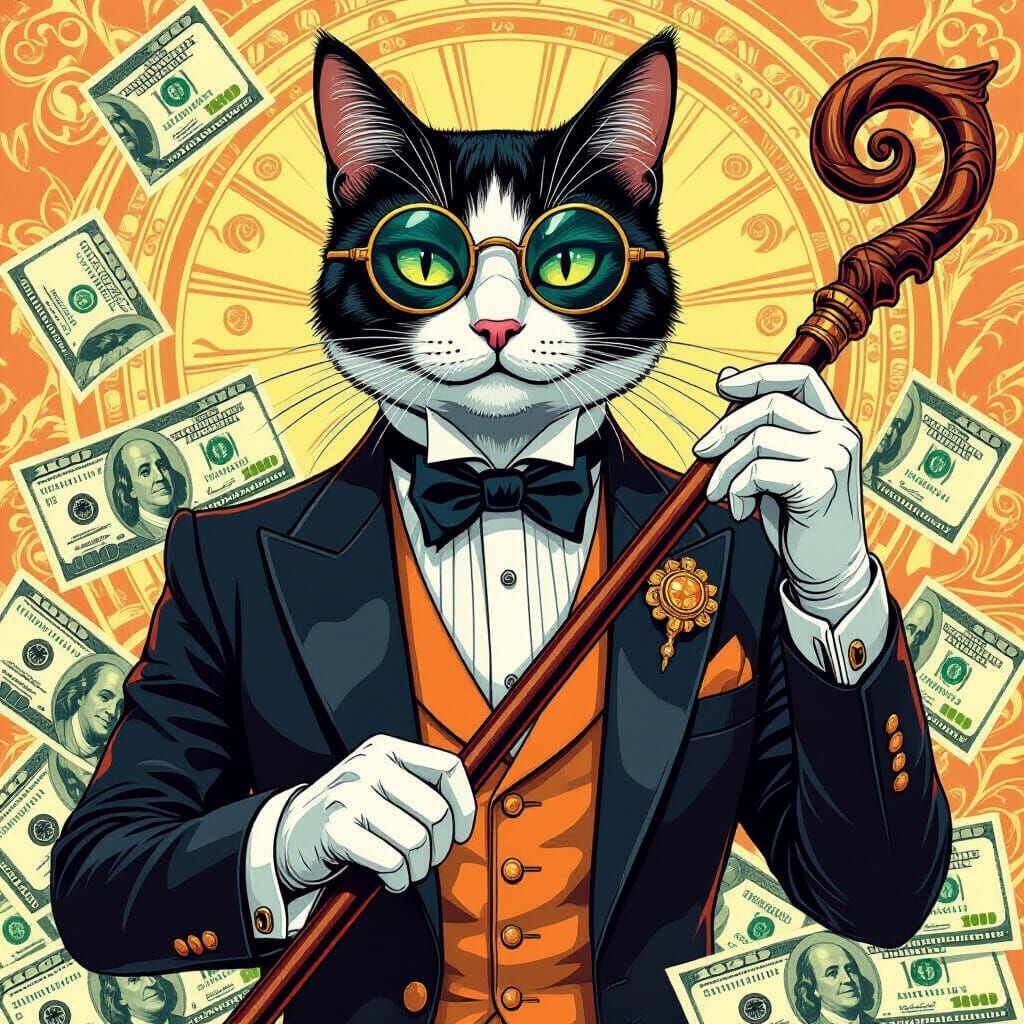 Wealthy Cat with Monocle and Glen Staff, Money Flying
