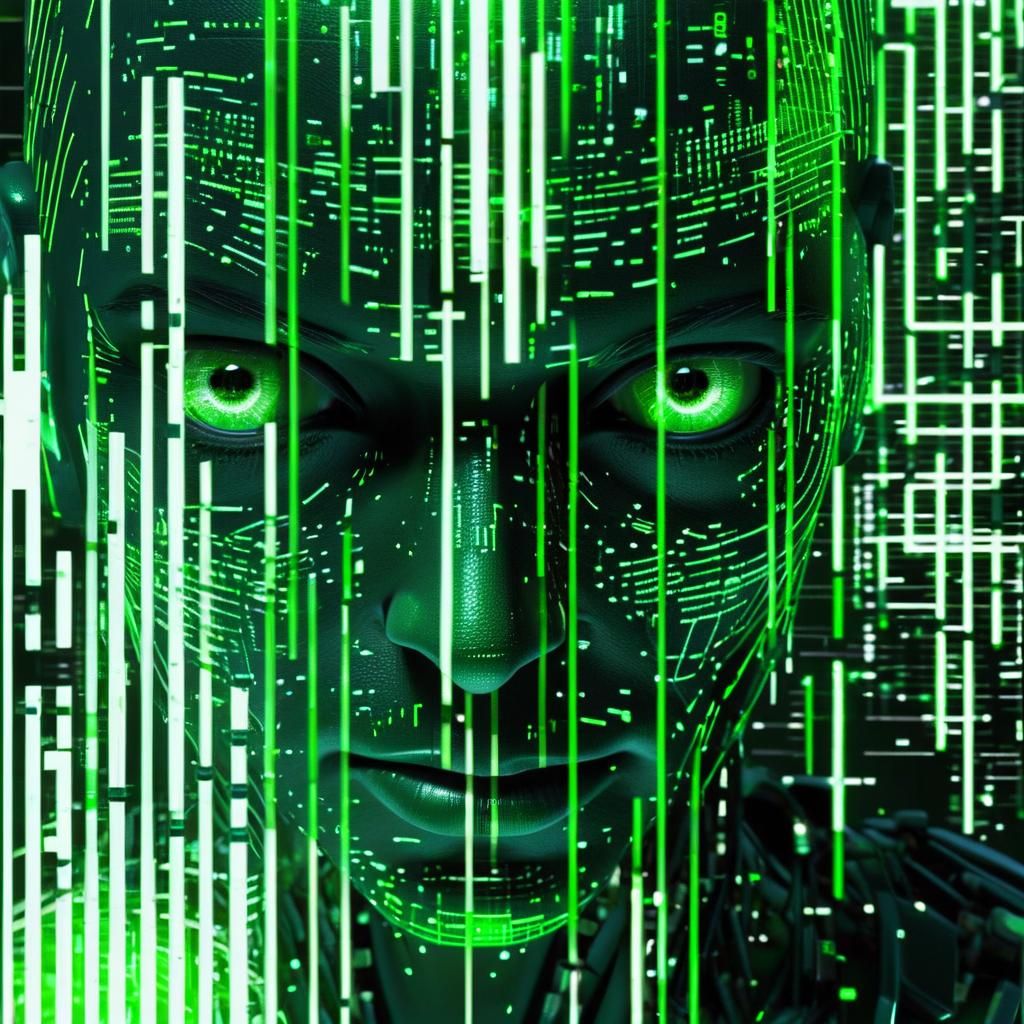 Neon Cyborg in Green Cyberspace Matrix
