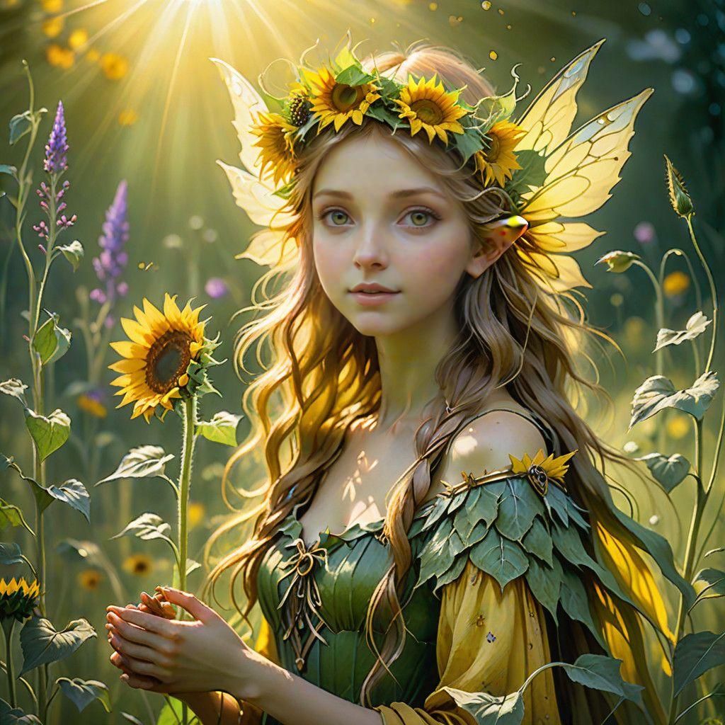 Majestic Sunflower Fairy in Whimsical Wonderland
