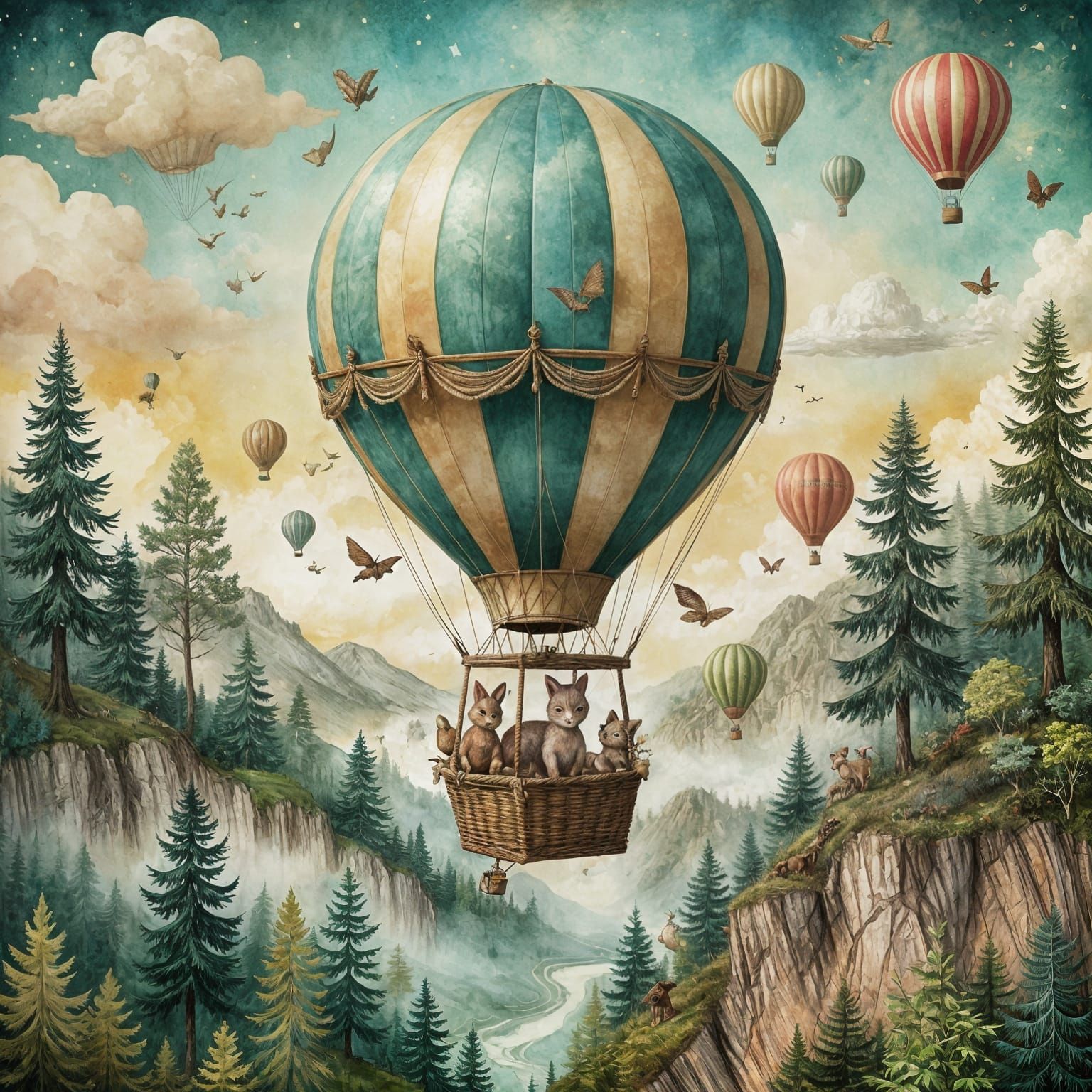 Woodland Creature in Hot Air Balloon, Mixed Media Art