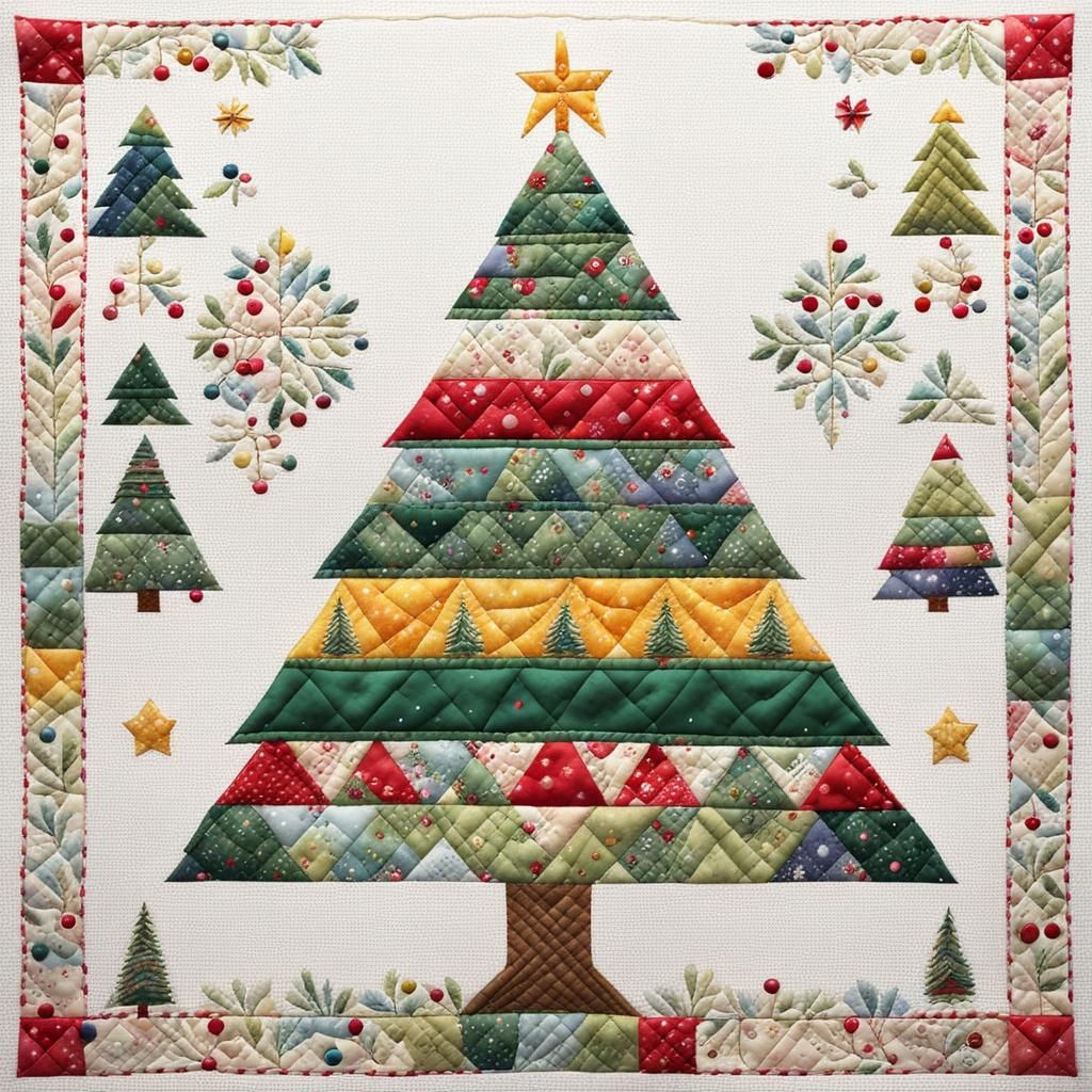 Christmas Tree Patchwork Quilt in Watercolor Style