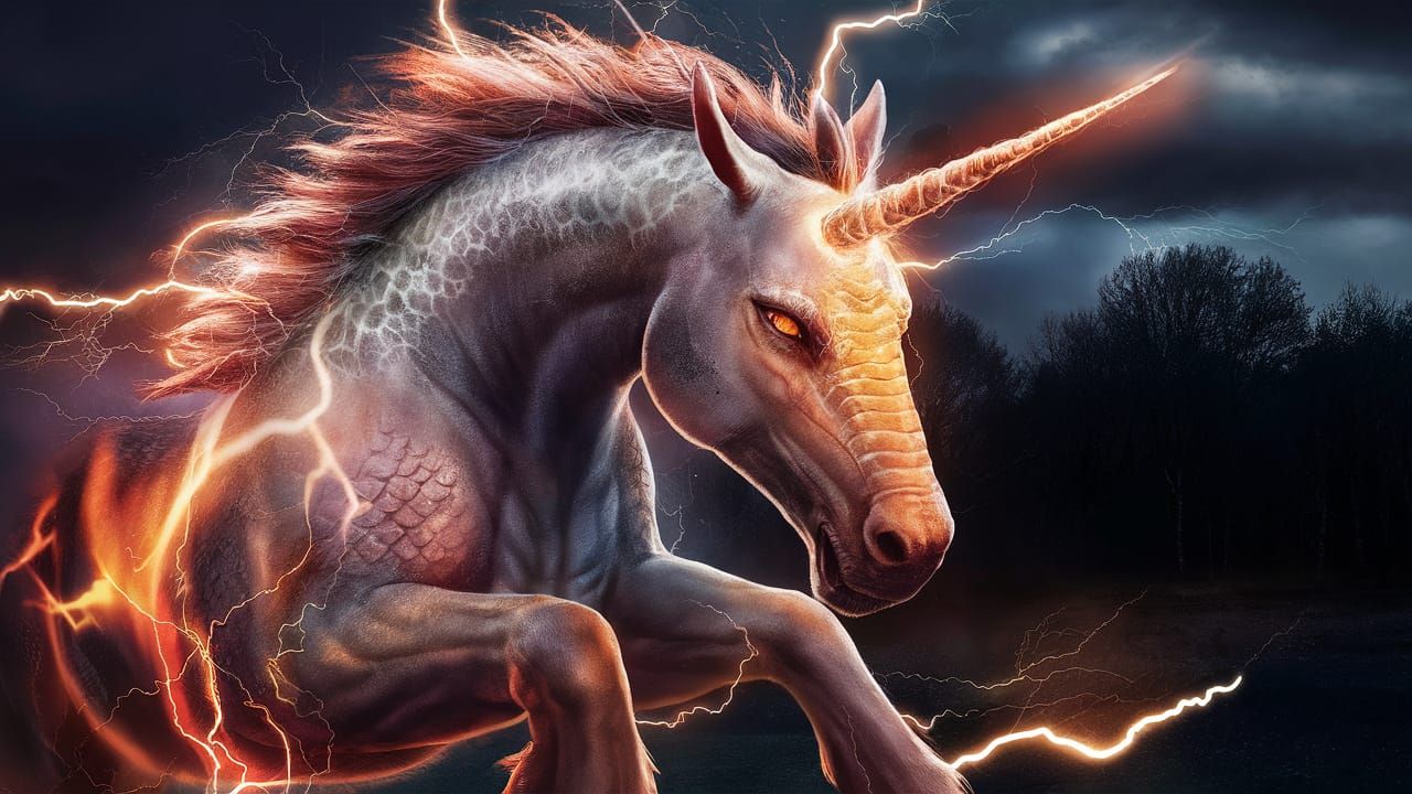 Fiery Unicorn Dragon in Stormy Forest