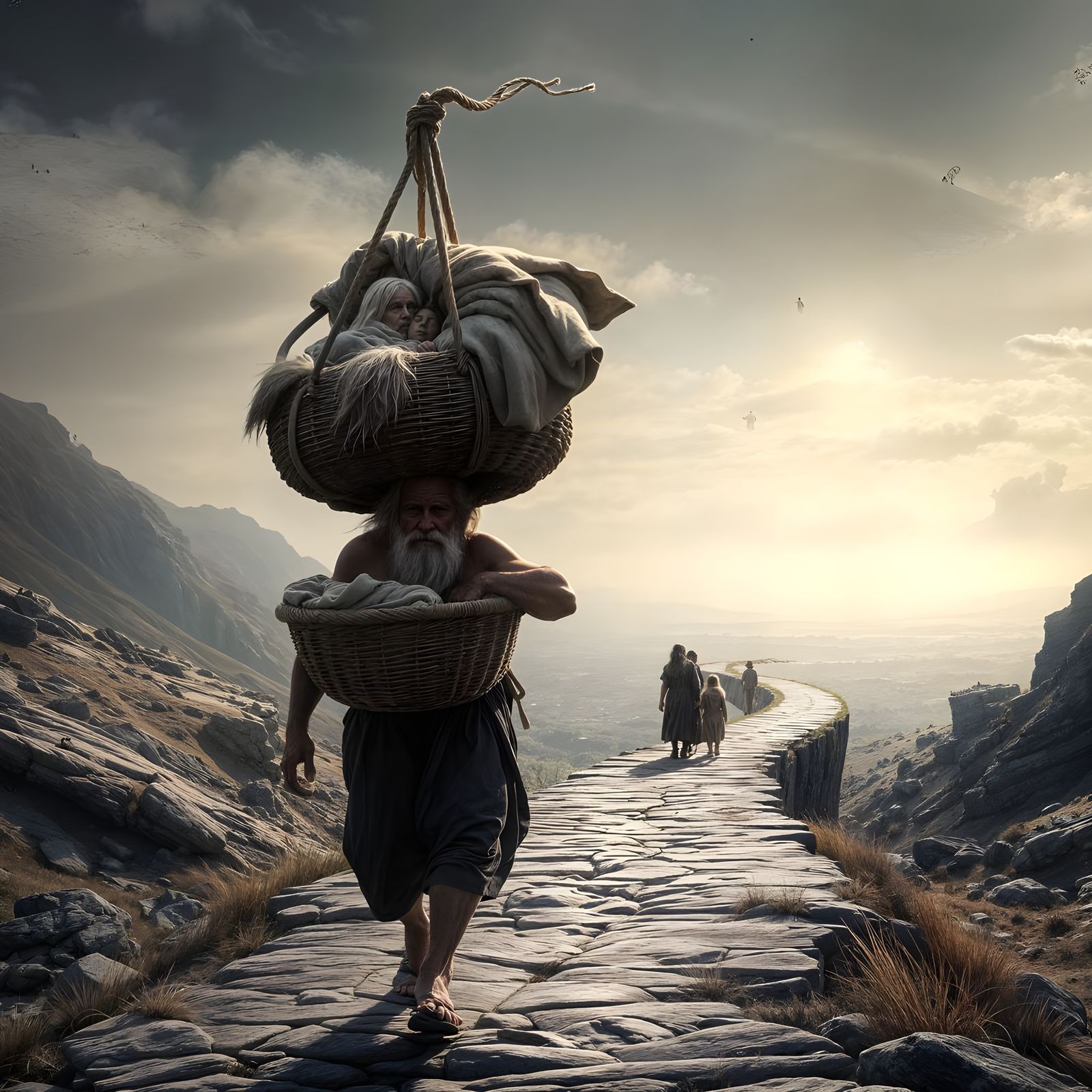 Old Man Carries Family on Endless Path: Detailed Matte Paint...