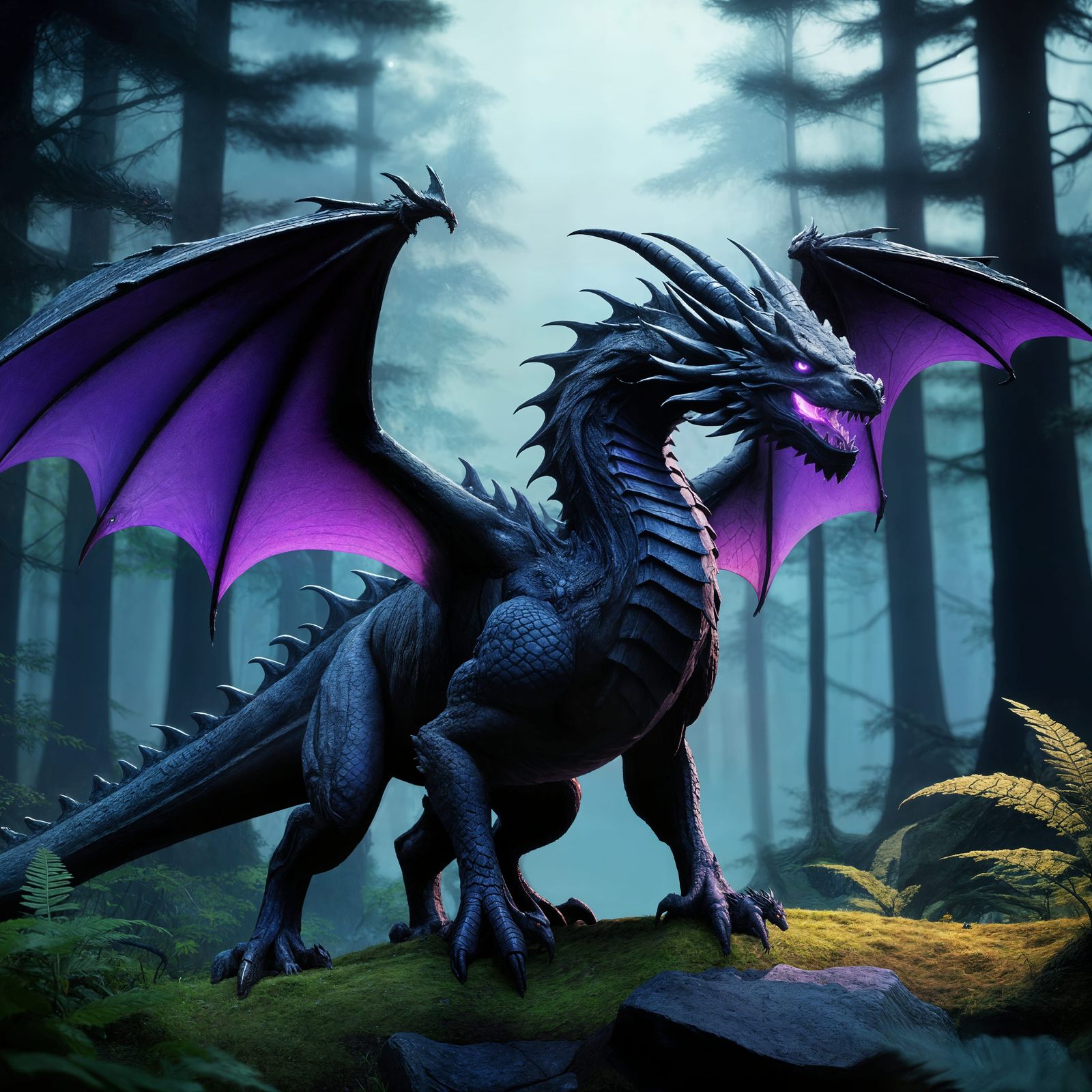 Mysterious Shadow Dragon in Dark, Misty Forest