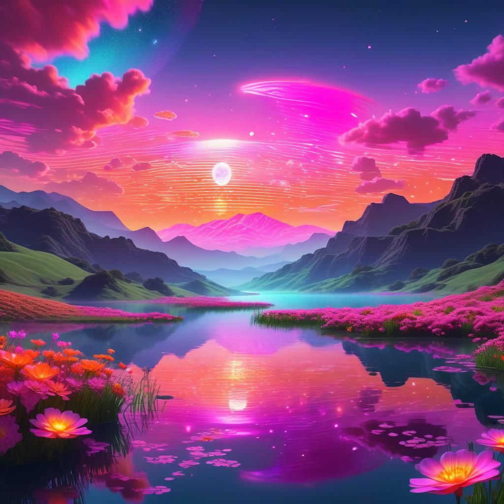 Astral Cosmic Landscape with Fluorescent Flowers