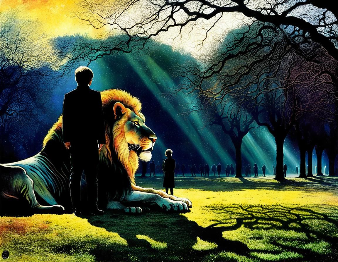 Boy and Lion in Park: Dark Fantasy Realism