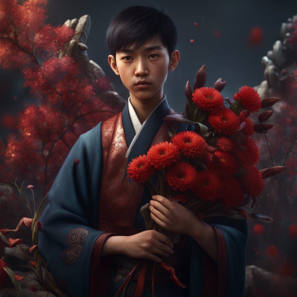 Handsome Boy with Bloody Flowers: Detailed Digital Painting