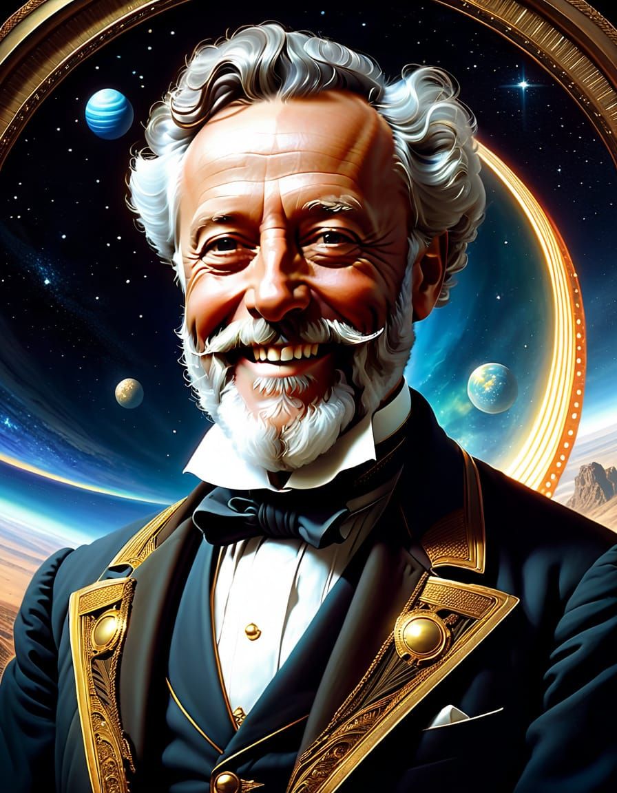 Visionary Author Smiles in Cosmic Renaissance Portrait