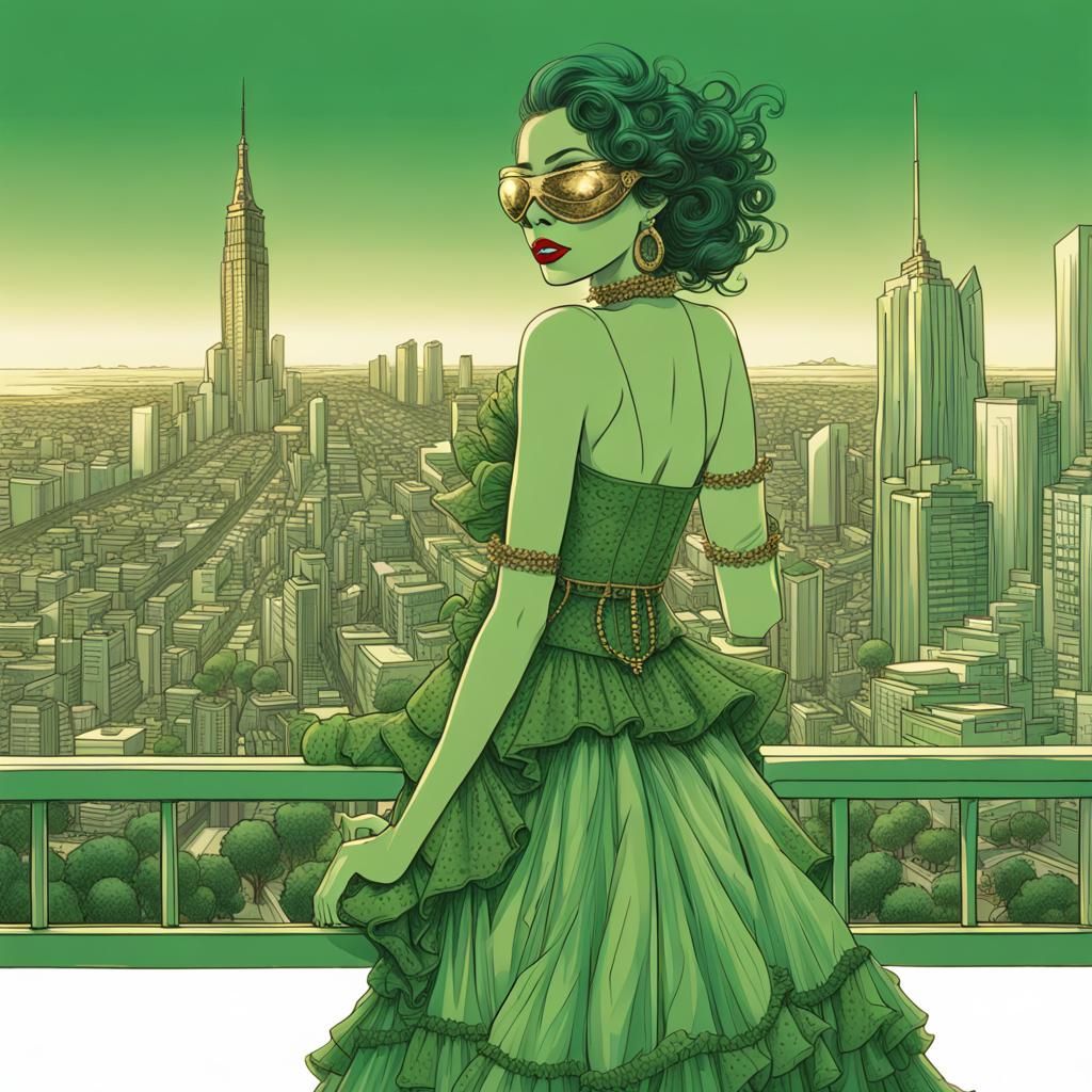 Green Frilled Woman in a Golden City
